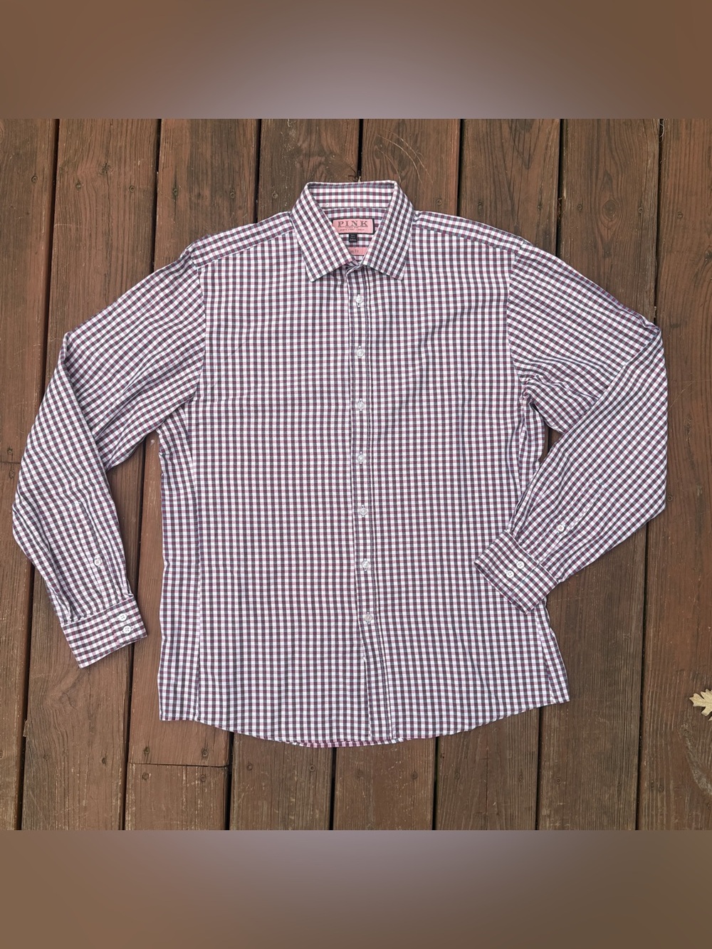 Thomas Pink Dress Shirt Men's 16.5 42 Red Blue Check Slim Fit Cotton